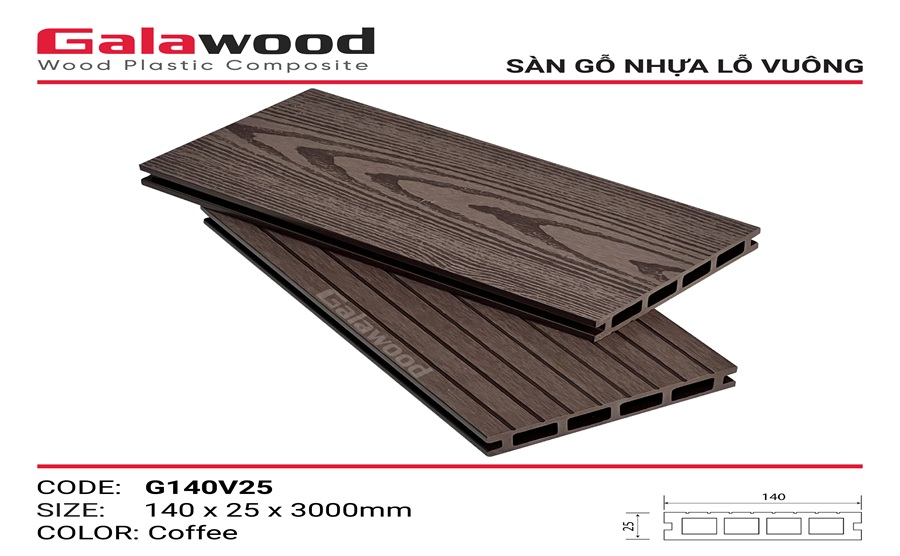 Sàn gỗ nhựa chịu lực ngoài trời Galawood 25mm G140V25 Coffee